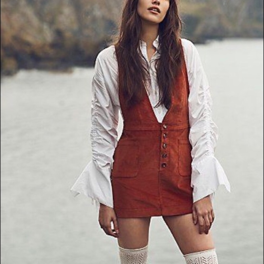 Free People Rust Corduroy Button-Front Romper